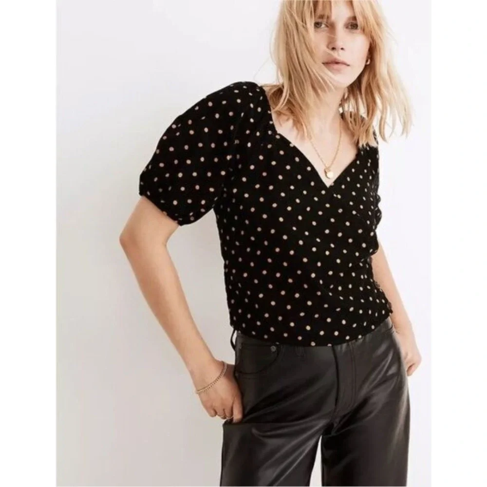 Madewell Black Polka Dot Corduroy Top Side Button Short Puff Sleeve XL NWOT